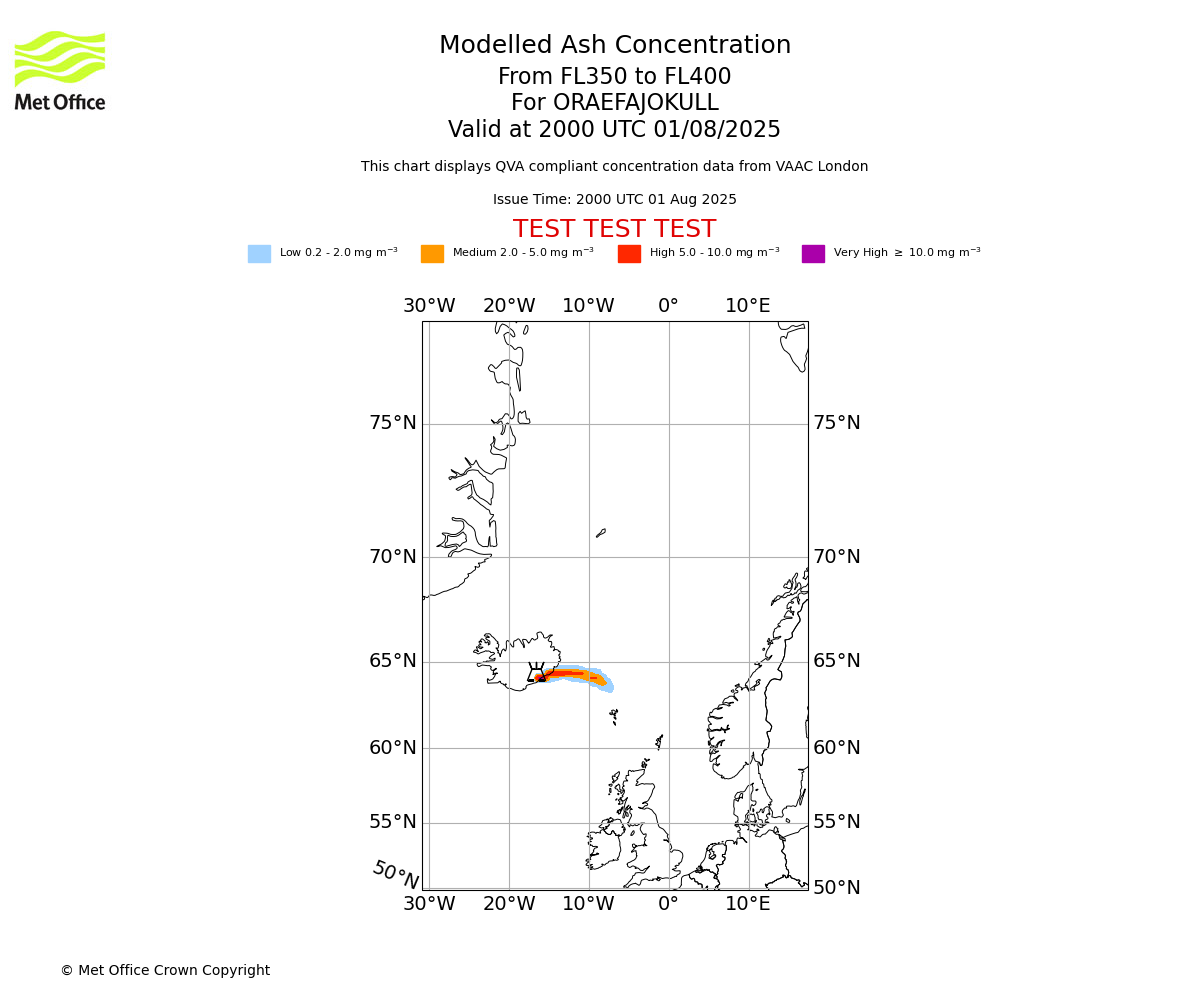 Modelled ash concentration from 350 to 400 for ORAEFAJOKULL. Valid at 2000 UTC 01/08/2025