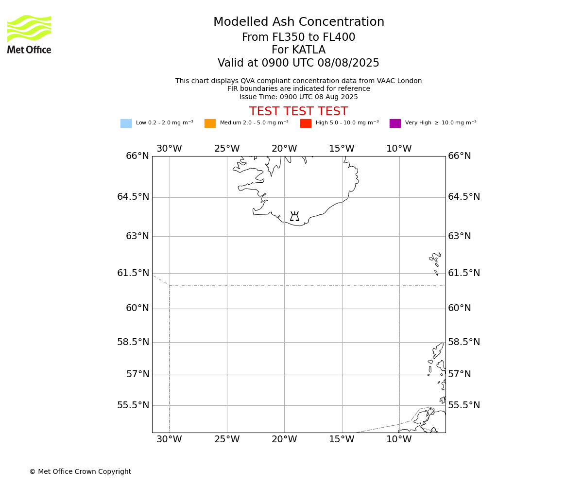 Modelled ash concentration from 350 to 400 for KATLA. Valid at 0900 UTC 08/08/2025