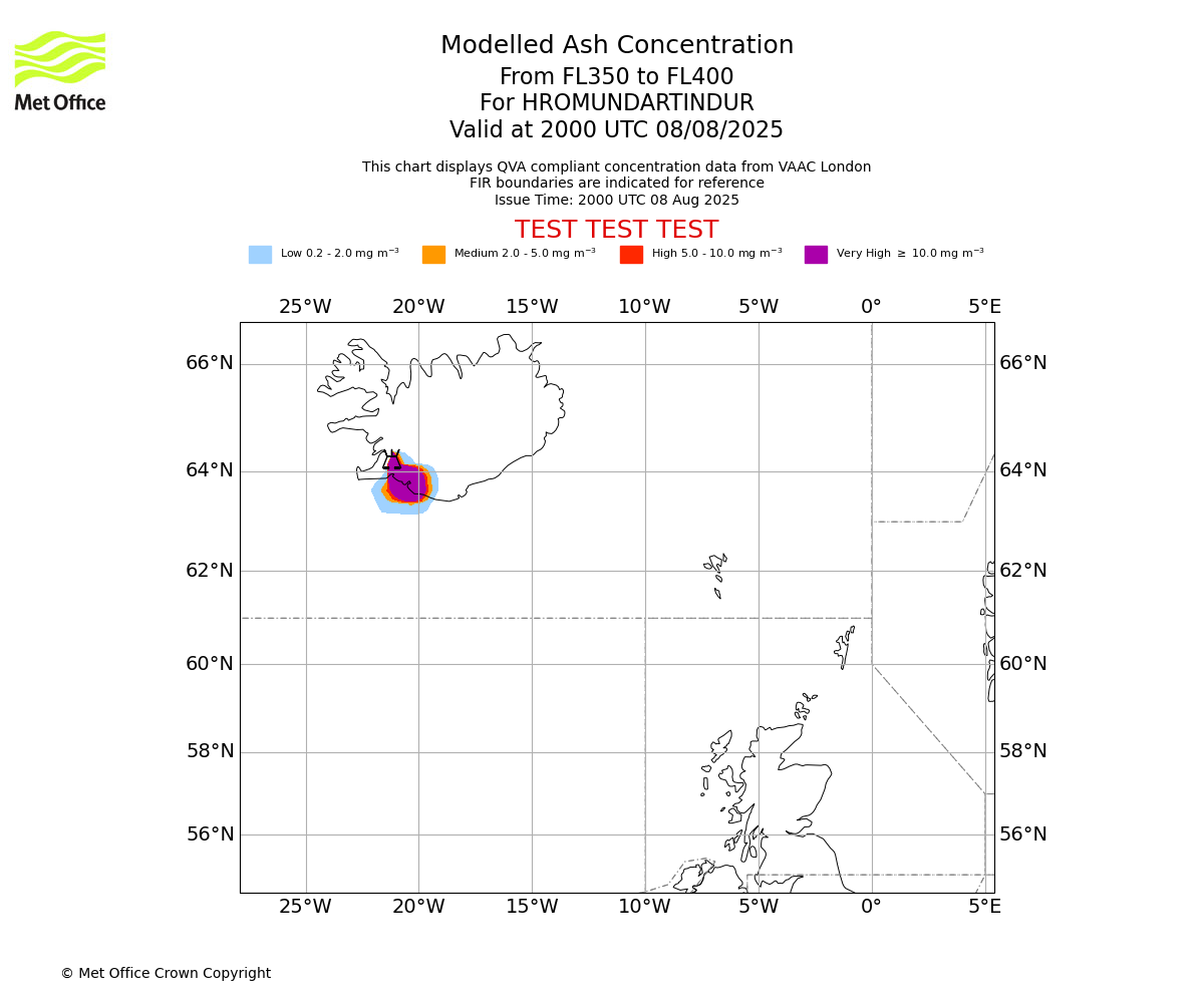 Modelled ash concentration from 350 to 400 for HROMUNDARTINDUR. Valid at 2000 UTC 08/08/2025