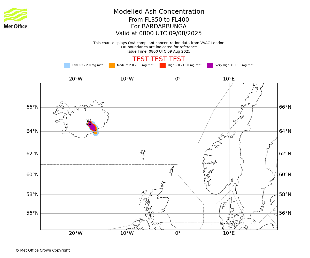 Modelled ash concentration from 350 to 400 for BARDARBUNGA. Valid at 0800 UTC 09/08/2025