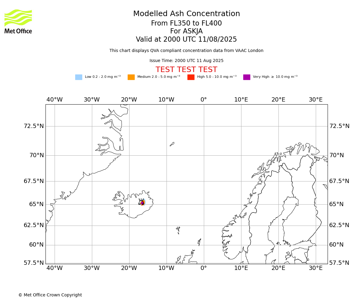 Modelled ash concentration from 350 to 400 for ASKJA. Valid at 2000 UTC 11/08/2025