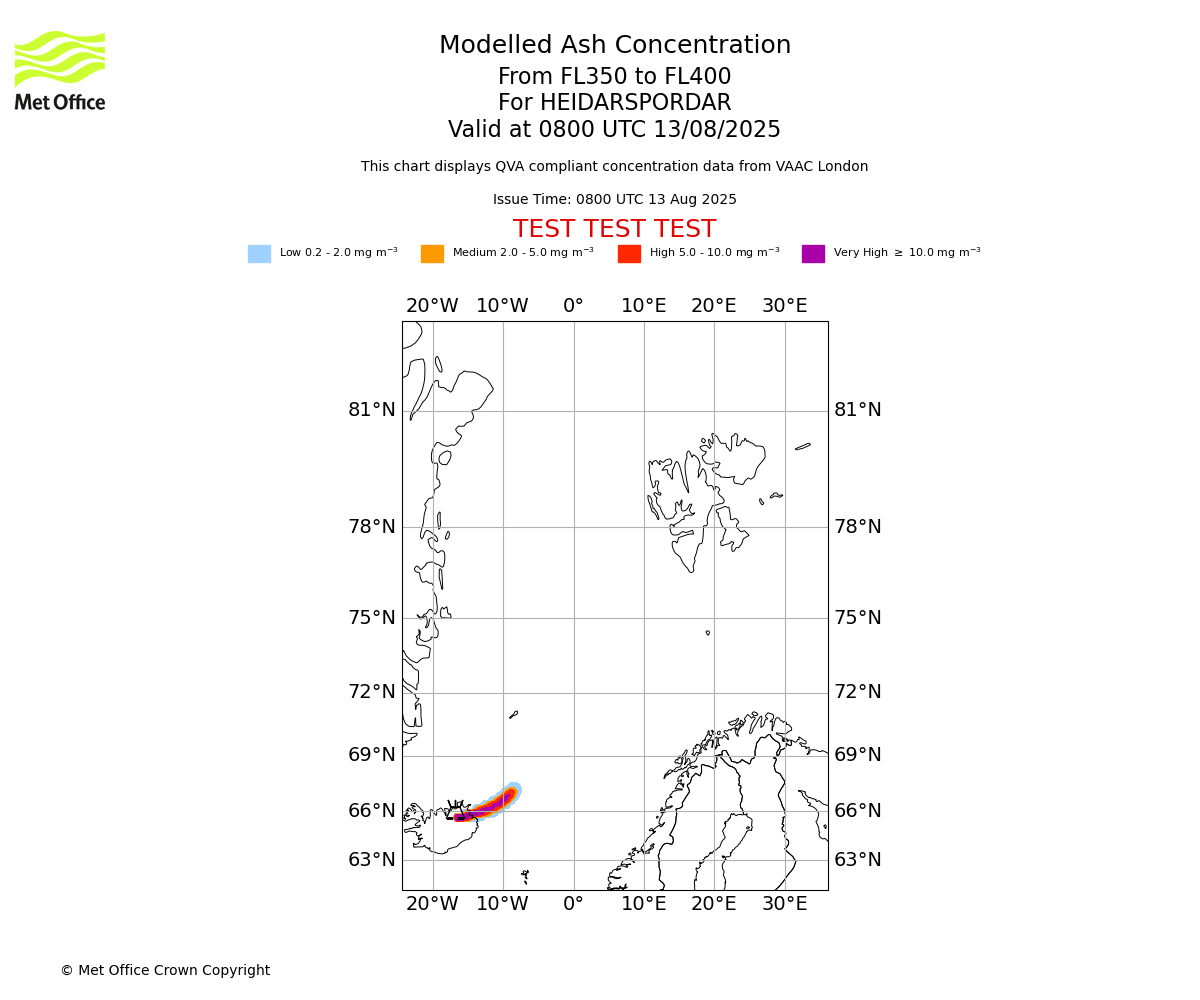 Modelled ash concentration from 350 to 400 for HEIDARSPORDAR. Valid at 0800 UTC 13/08/2025