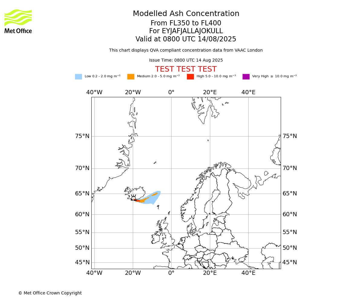 Modelled ash concentration from 350 to 400 for EYJAFJALLAJOKULL. Valid at 0800 UTC 14/08/2025
