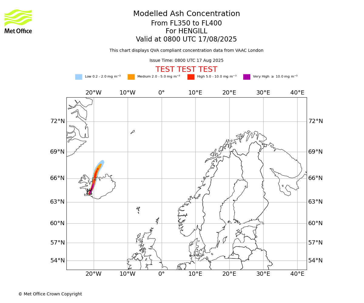 Modelled ash concentration from 350 to 400 for HENGILL. Valid at 0800 UTC 17/08/2025