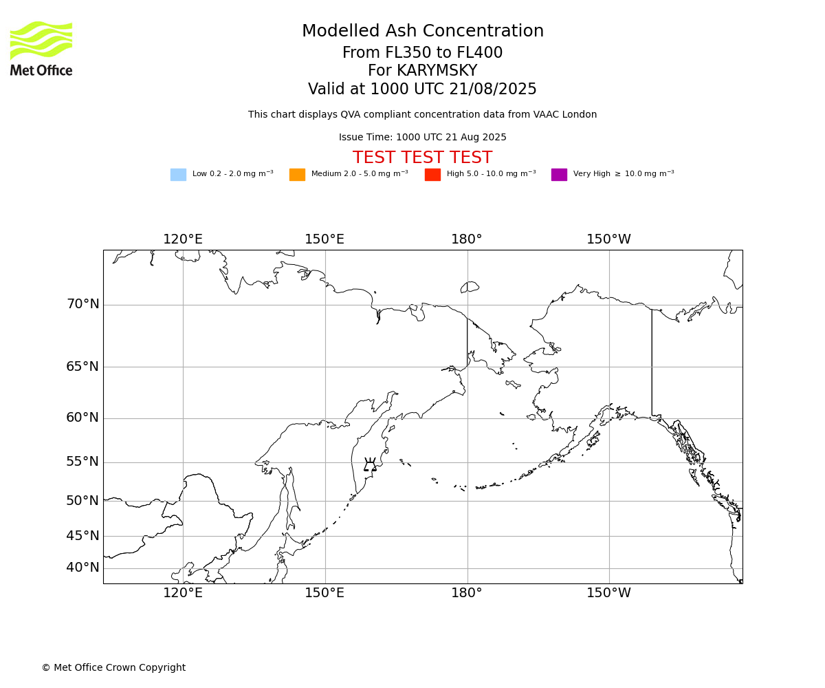 Modelled ash concentration from 350 to 400 for KARYMSKY. Valid at 1000 UTC 21/08/2025