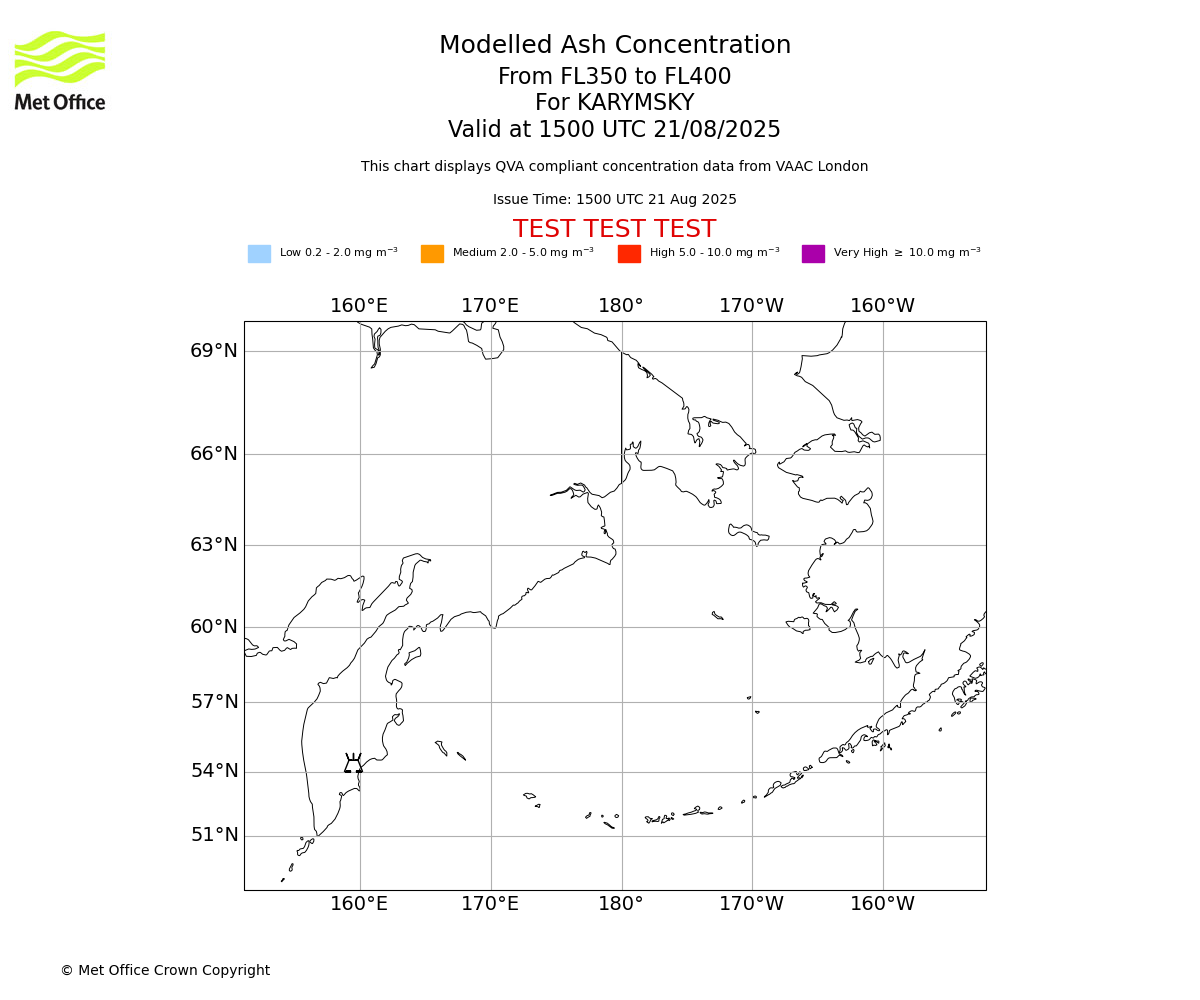 Modelled ash concentration from 350 to 400 for KARYMSKY. Valid at 1500 UTC 21/08/2025