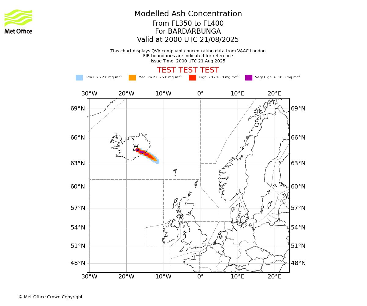 Modelled ash concentration from 350 to 400 for BARDARBUNGA. Valid at 2000 UTC 21/08/2025