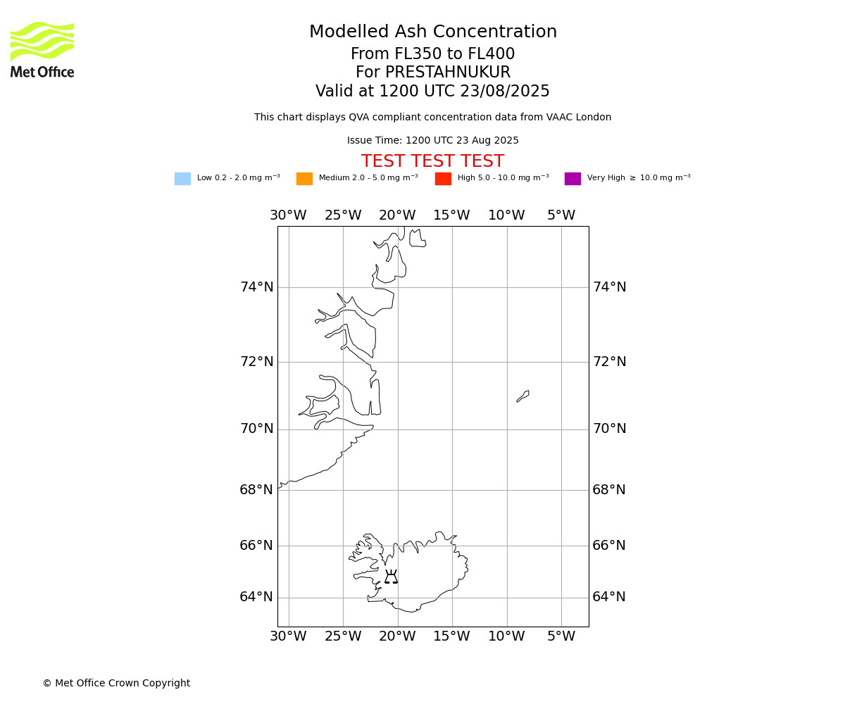 Modelled ash concentration from 350 to 400 for PRESTAHNUKUR. Valid at 1200 UTC 23/08/2025