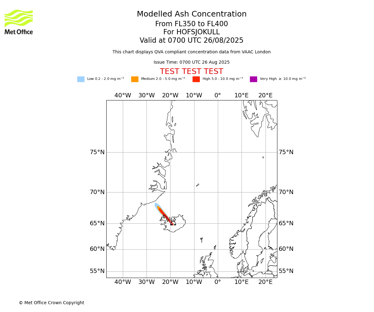 Modelled ash concentration from 350 to 400 for HOFSJOKULL. Valid at 0700 UTC 26/08/2025