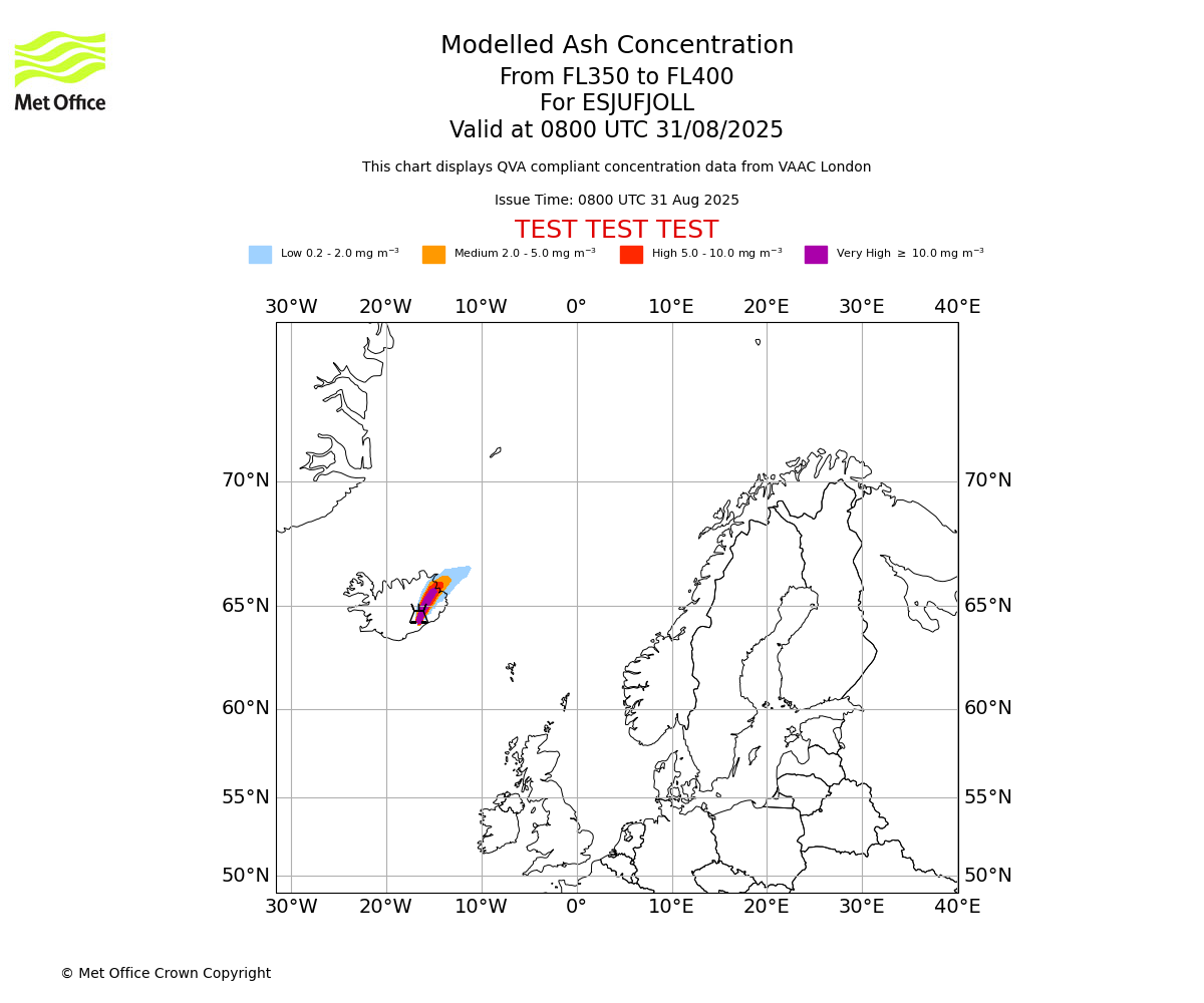 Modelled ash concentration from 350 to 400 for ESJUFJOLL. Valid at 0800 UTC 31/08/2025