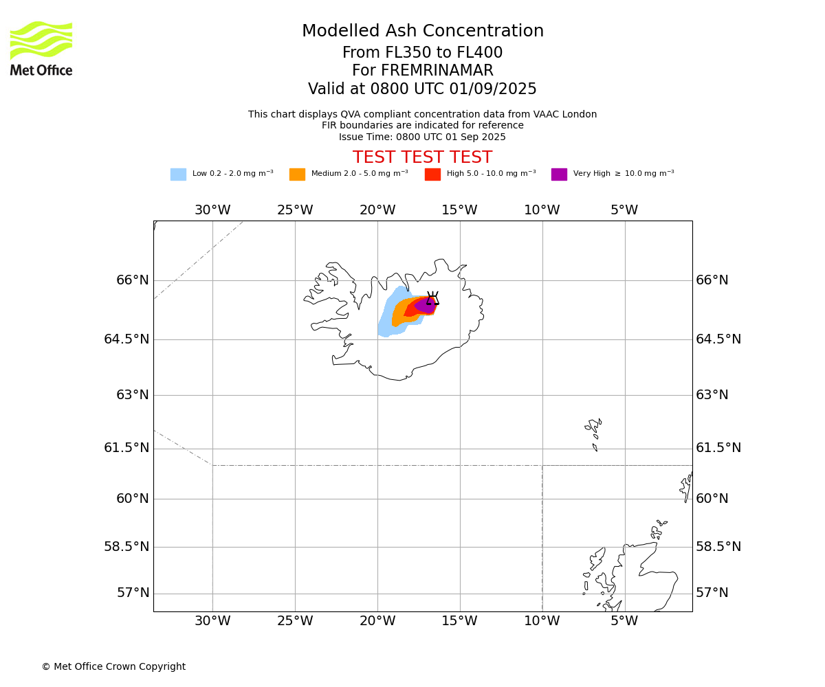 Modelled ash concentration from 350 to 400 for FREMRINAMAR. Valid at 0800 UTC 01/09/2025