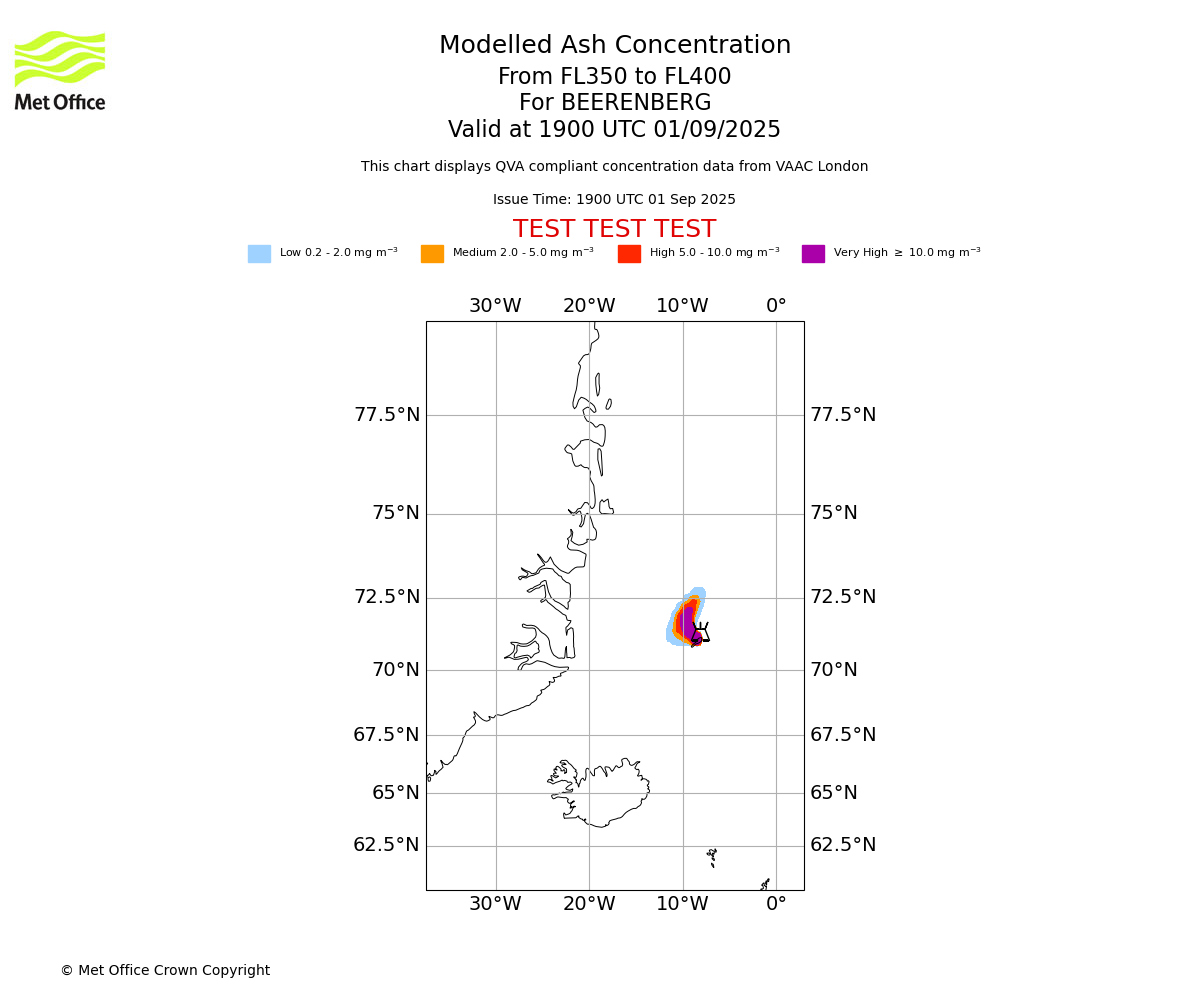 Modelled ash concentration from 350 to 400 for BEERENBERG. Valid at 1900 UTC 01/09/2025