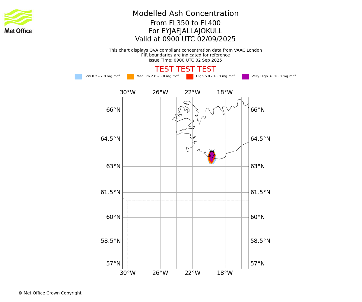 Modelled ash concentration from 350 to 400 for EYJAFJALLAJOKULL. Valid at 0900 UTC 02/09/2025