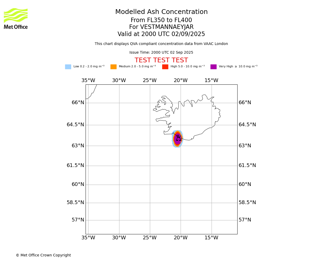 Modelled ash concentration from 350 to 400 for VESTMANNAEYJAR. Valid at 2000 UTC 02/09/2025