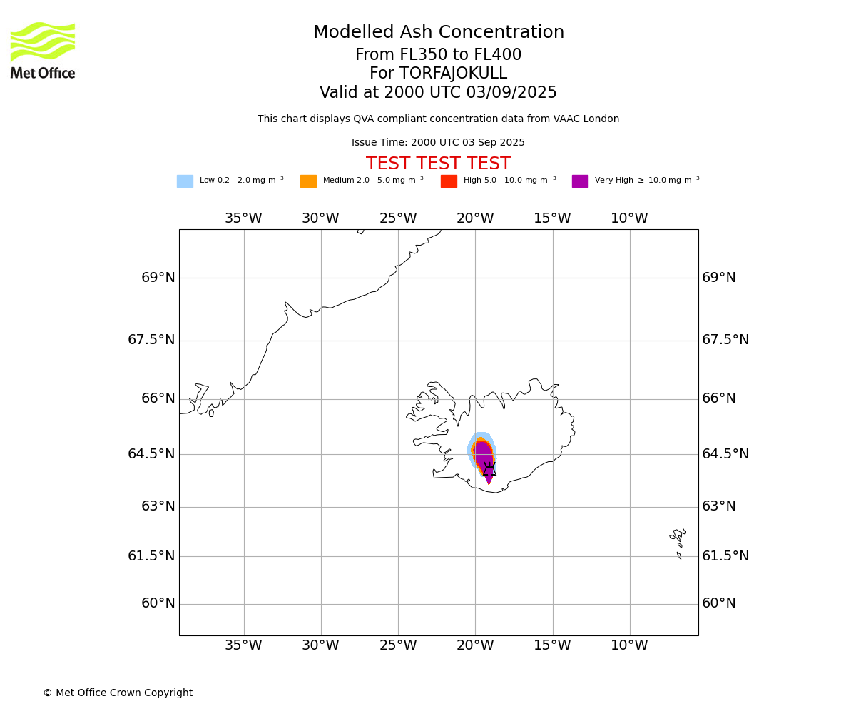 Modelled ash concentration from 350 to 400 for TORFAJOKULL. Valid at 2000 UTC 03/09/2025