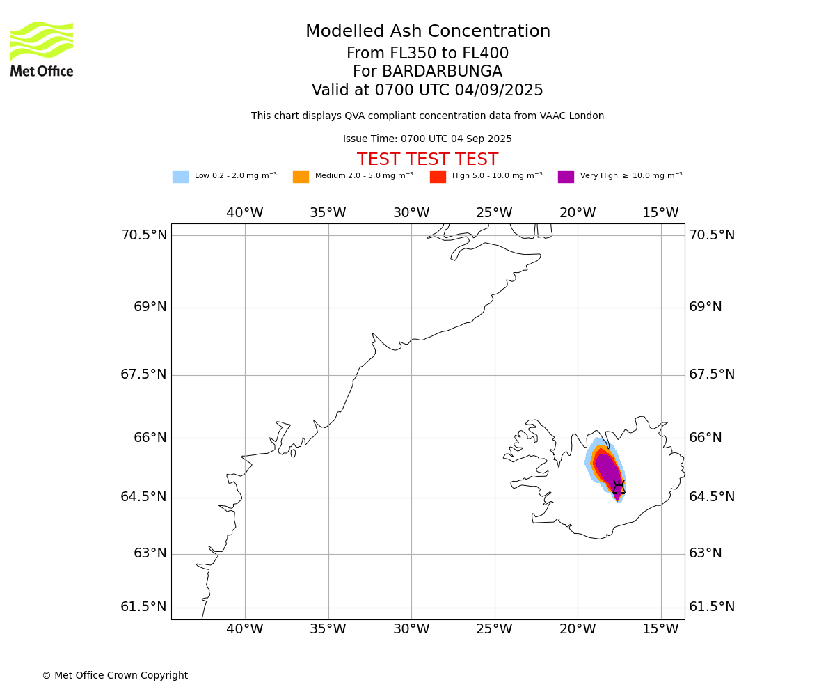 Modelled ash concentration from 350 to 400 for BARDARBUNGA. Valid at 0700 UTC 04/09/2025