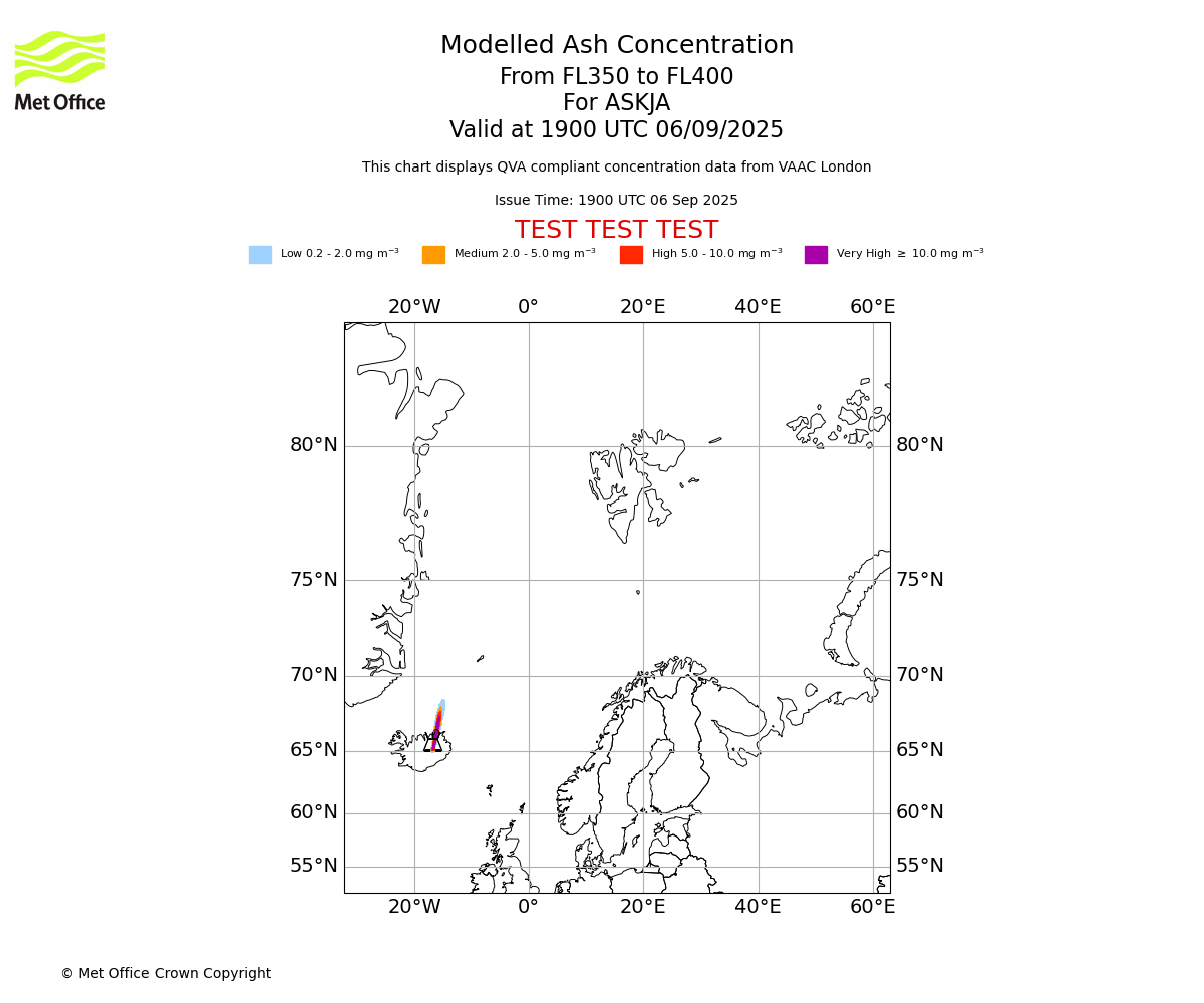 Modelled ash concentration from 350 to 400 for ASKJA. Valid at 1900 UTC 06/09/2025