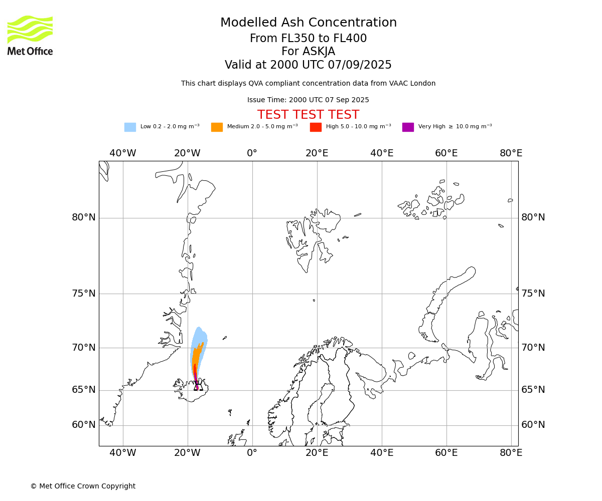 Modelled ash concentration from 350 to 400 for ASKJA. Valid at 2000 UTC 07/09/2025