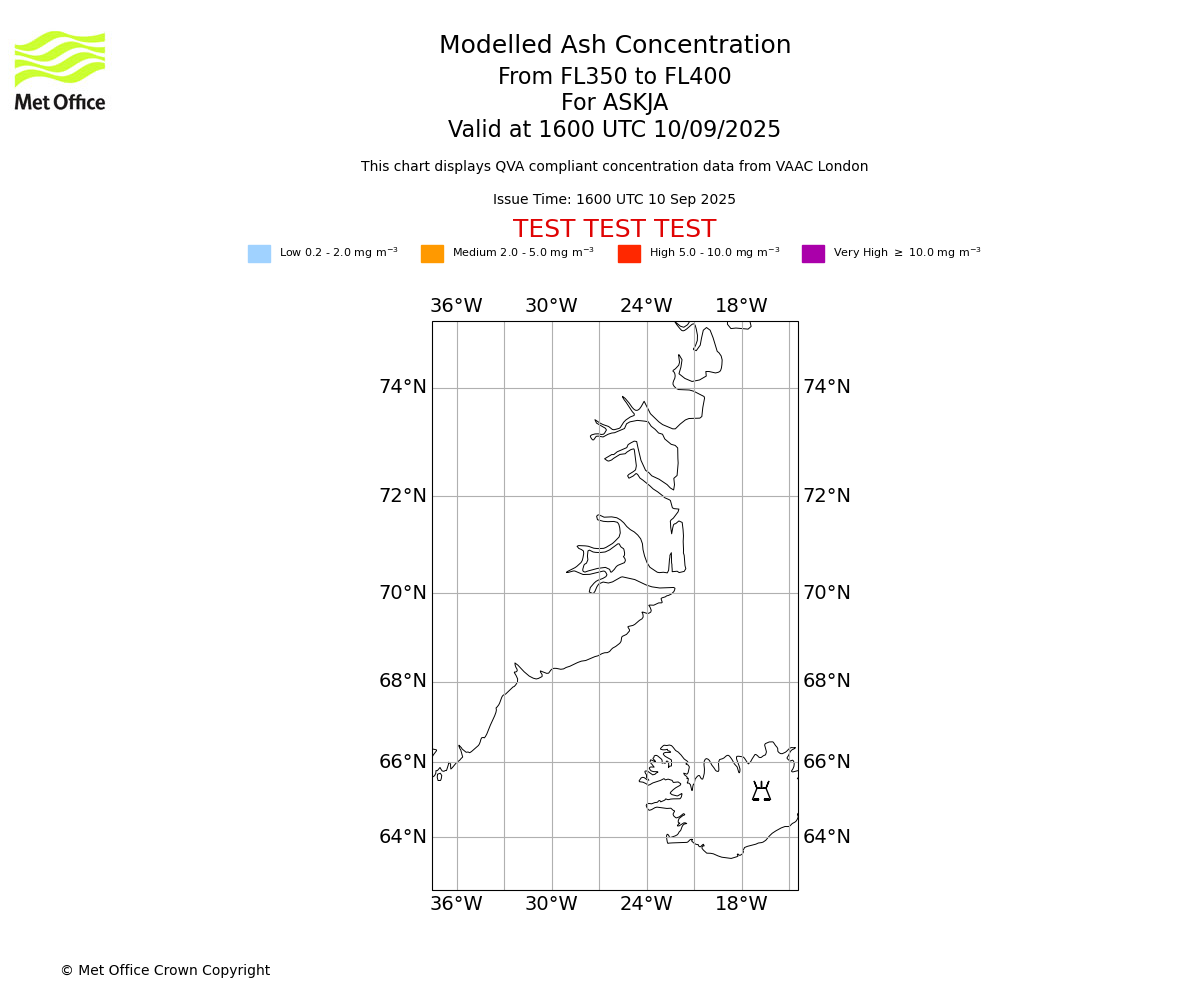 Modelled ash concentration from 350 to 400 for ASKJA. Valid at 1600 UTC 10/09/2025