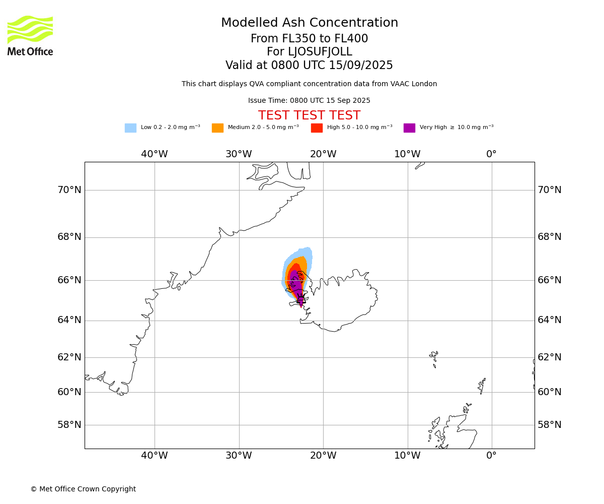 Modelled ash concentration from 350 to 400 for LJOSUFJOLL. Valid at 0800 UTC 15/09/2025