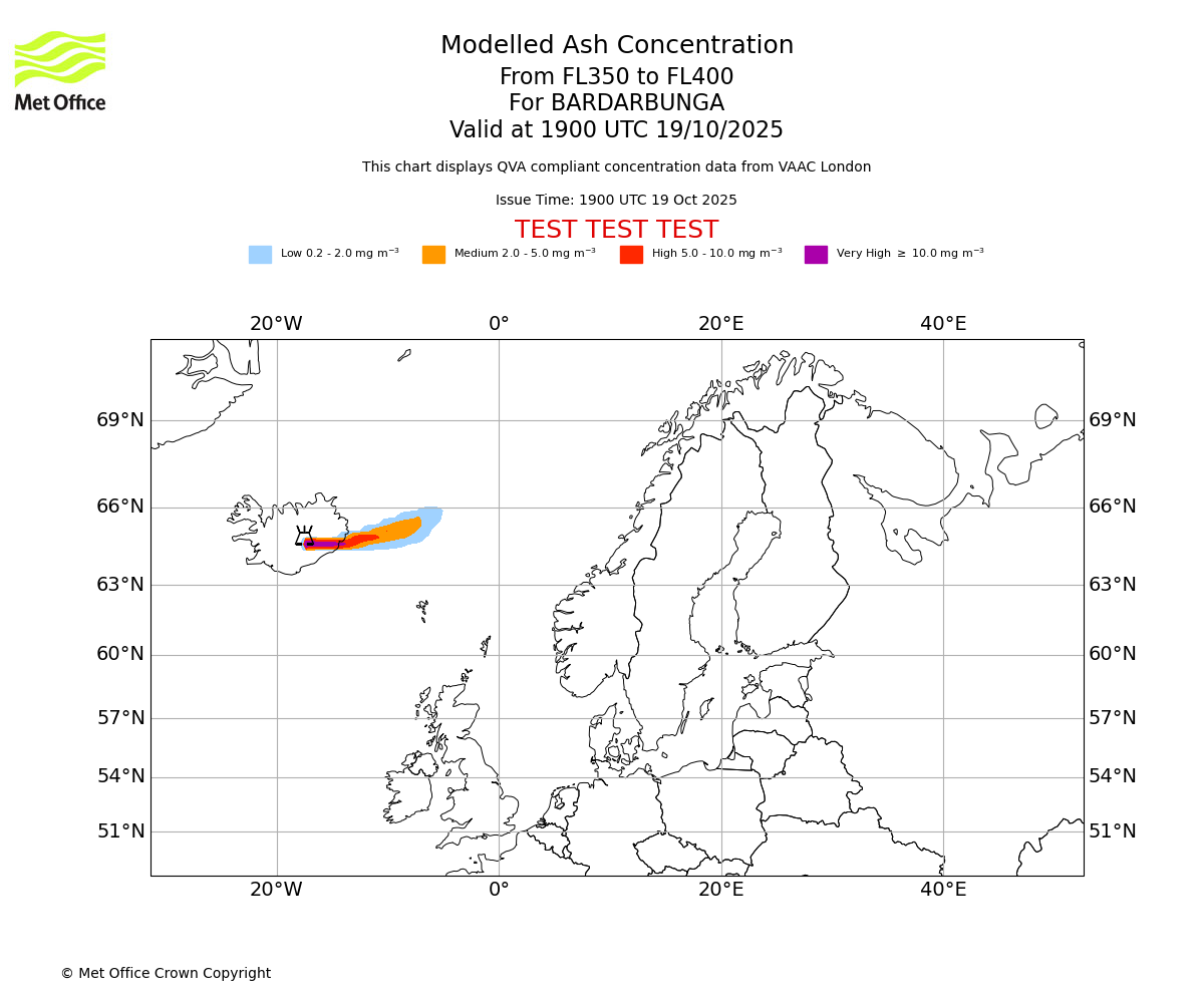 Modelled ash concentration from 350 to 400 for BARDARBUNGA. Valid at 1900 UTC 19/10/2025