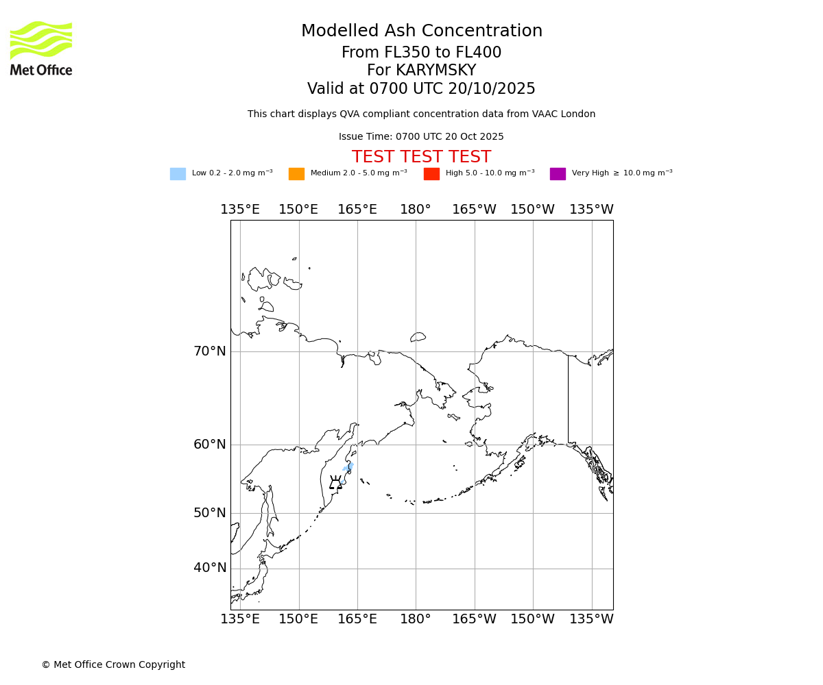 Modelled ash concentration from 350 to 400 for KARYMSKY. Valid at 0700 UTC 20/10/2025