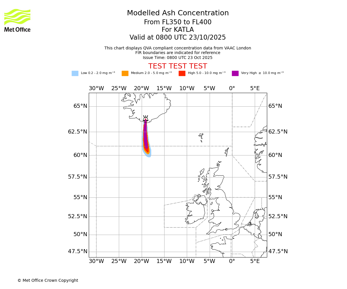 Modelled ash concentration from 350 to 400 for KATLA. Valid at 0800 UTC 23/10/2025
