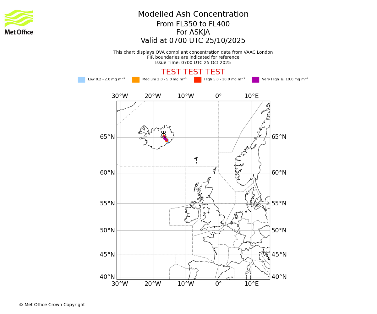 Modelled ash concentration from 350 to 400 for ASKJA. Valid at 0700 UTC 25/10/2025