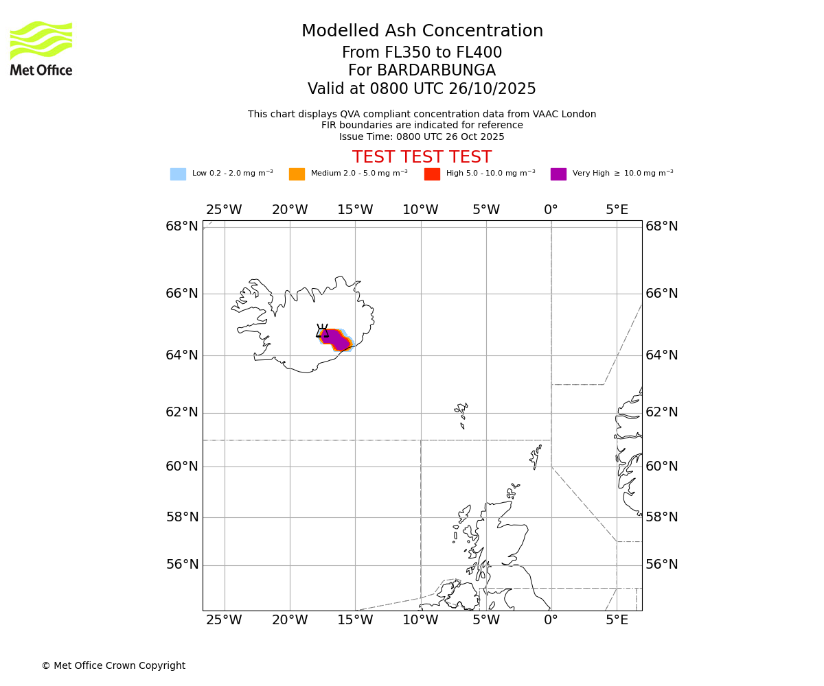 Modelled ash concentration from 350 to 400 for BARDARBUNGA. Valid at 0800 UTC 26/10/2025