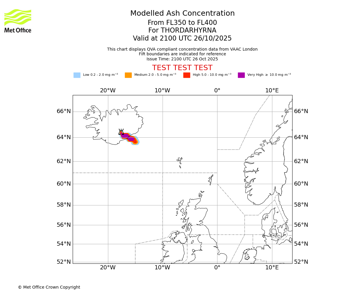 Modelled ash concentration from 350 to 400 for THORDARHYRNA. Valid at 2100 UTC 26/10/2025