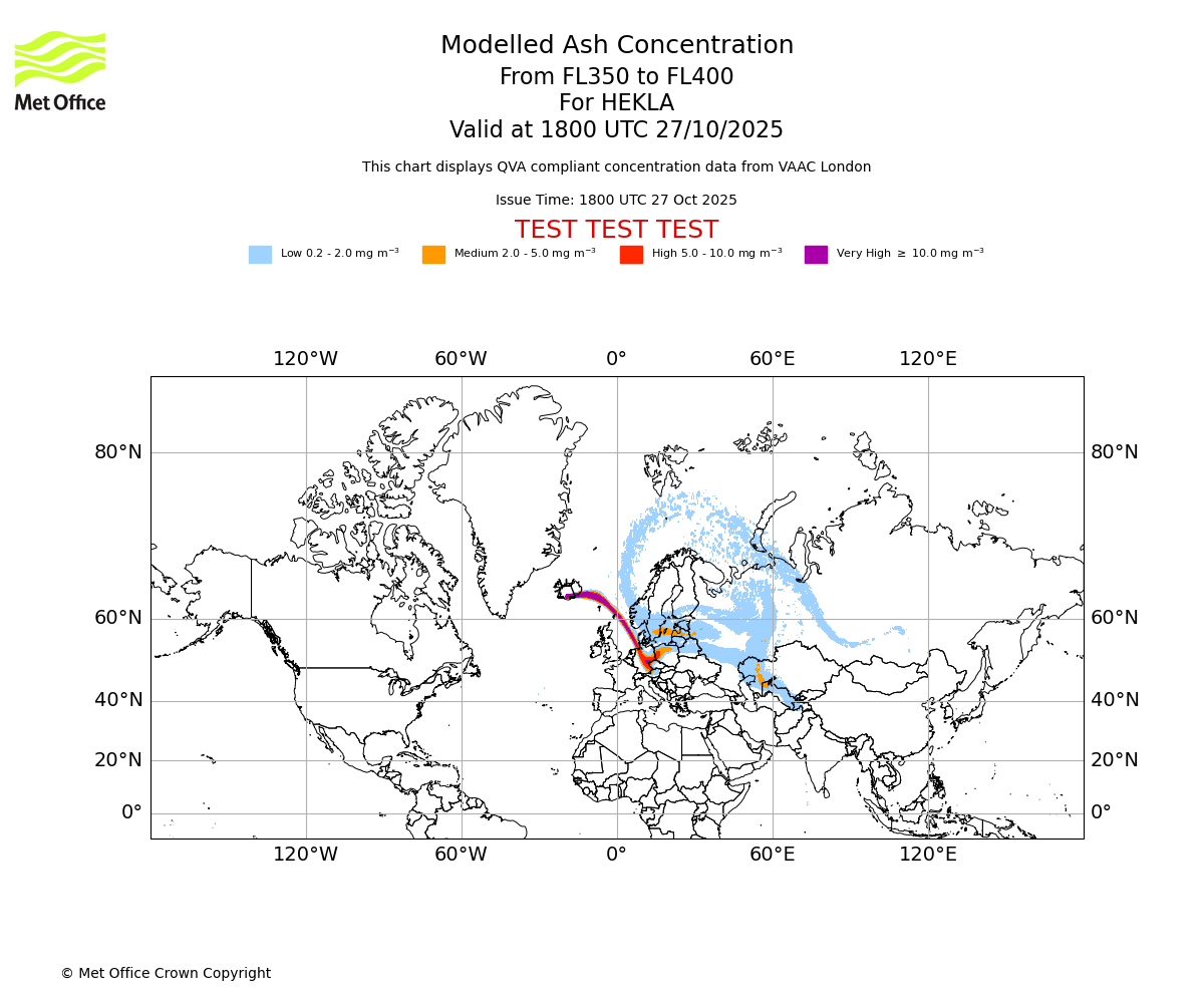 Modelled ash concentration from 350 to 400 for HEKLA. Valid at 1800 UTC 27/10/2025