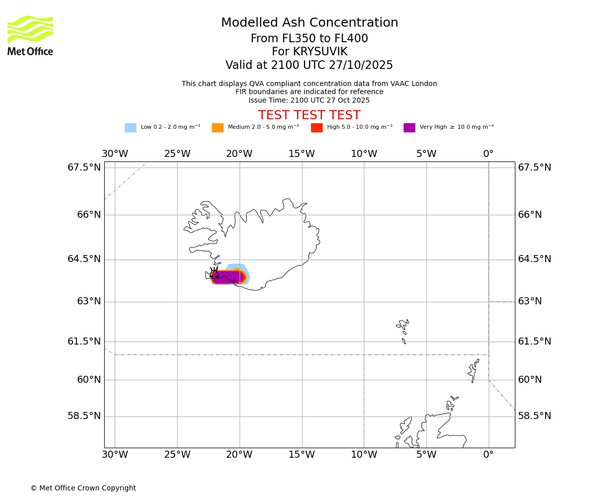 Modelled ash concentration from 350 to 400 for KRYSUVIK. Valid at 2100 UTC 27/10/2025