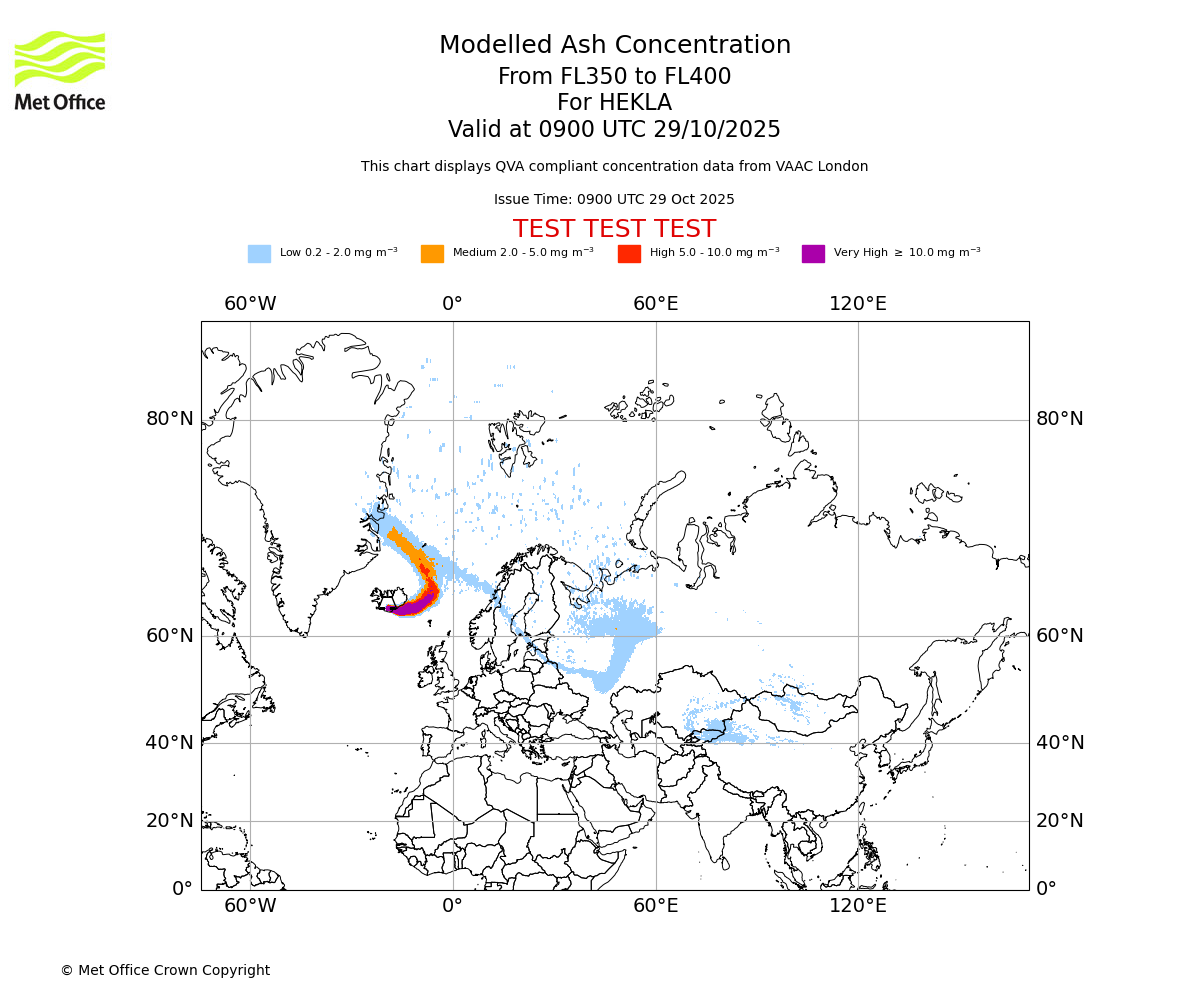 Modelled ash concentration from 350 to 400 for HEKLA. Valid at 0900 UTC 29/10/2025