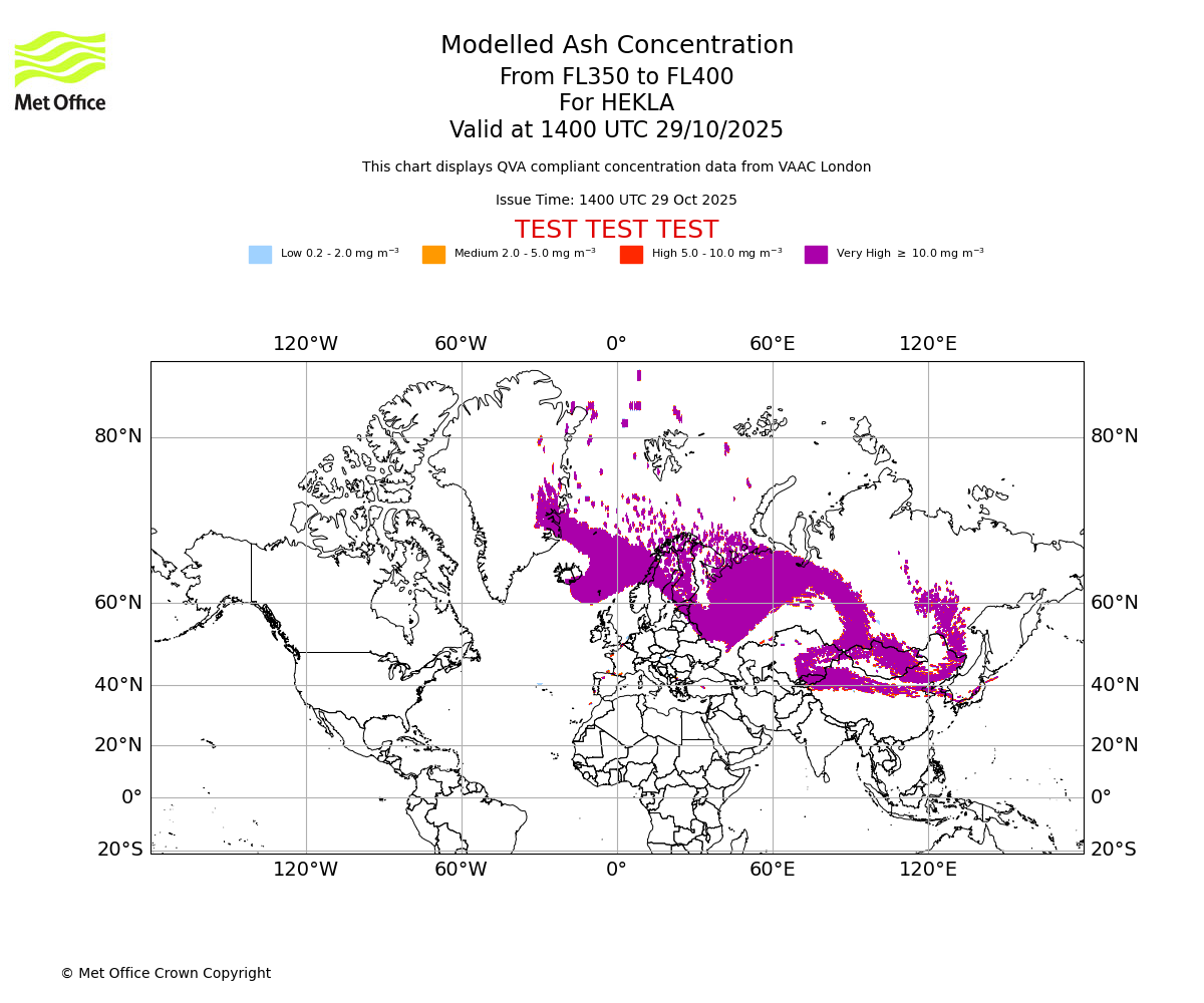 Modelled ash concentration from 350 to 400 for HEKLA. Valid at 1400 UTC 29/10/2025