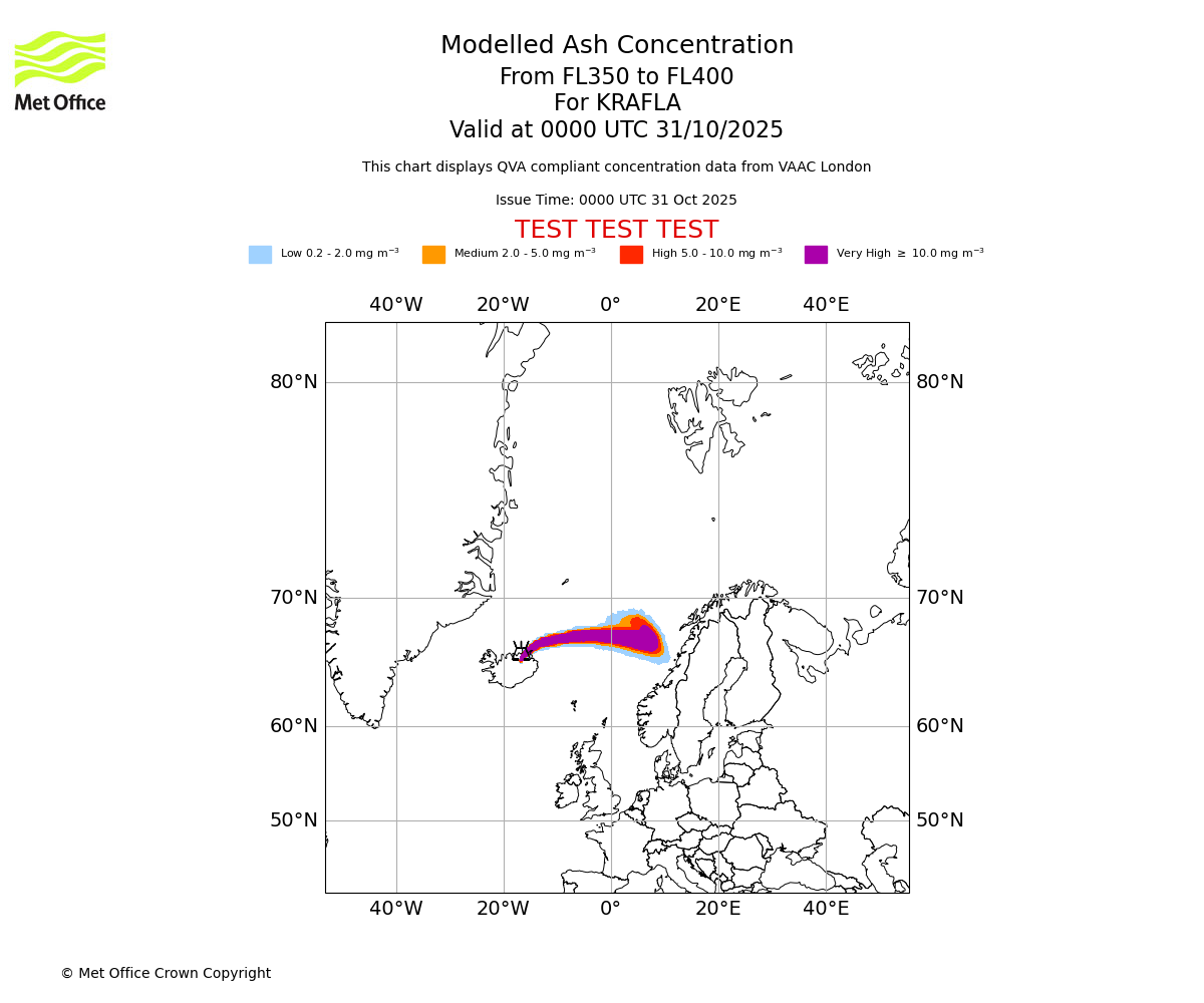 Modelled ash concentration from 350 to 400 for KRAFLA. Valid at 0000 UTC 31/10/2025
