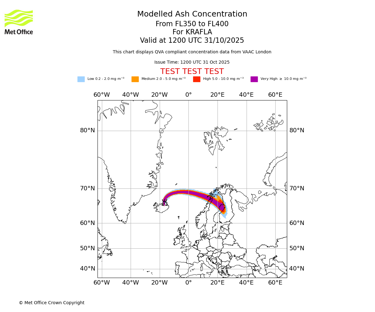 Modelled ash concentration from 350 to 400 for KRAFLA. Valid at 1200 UTC 31/10/2025