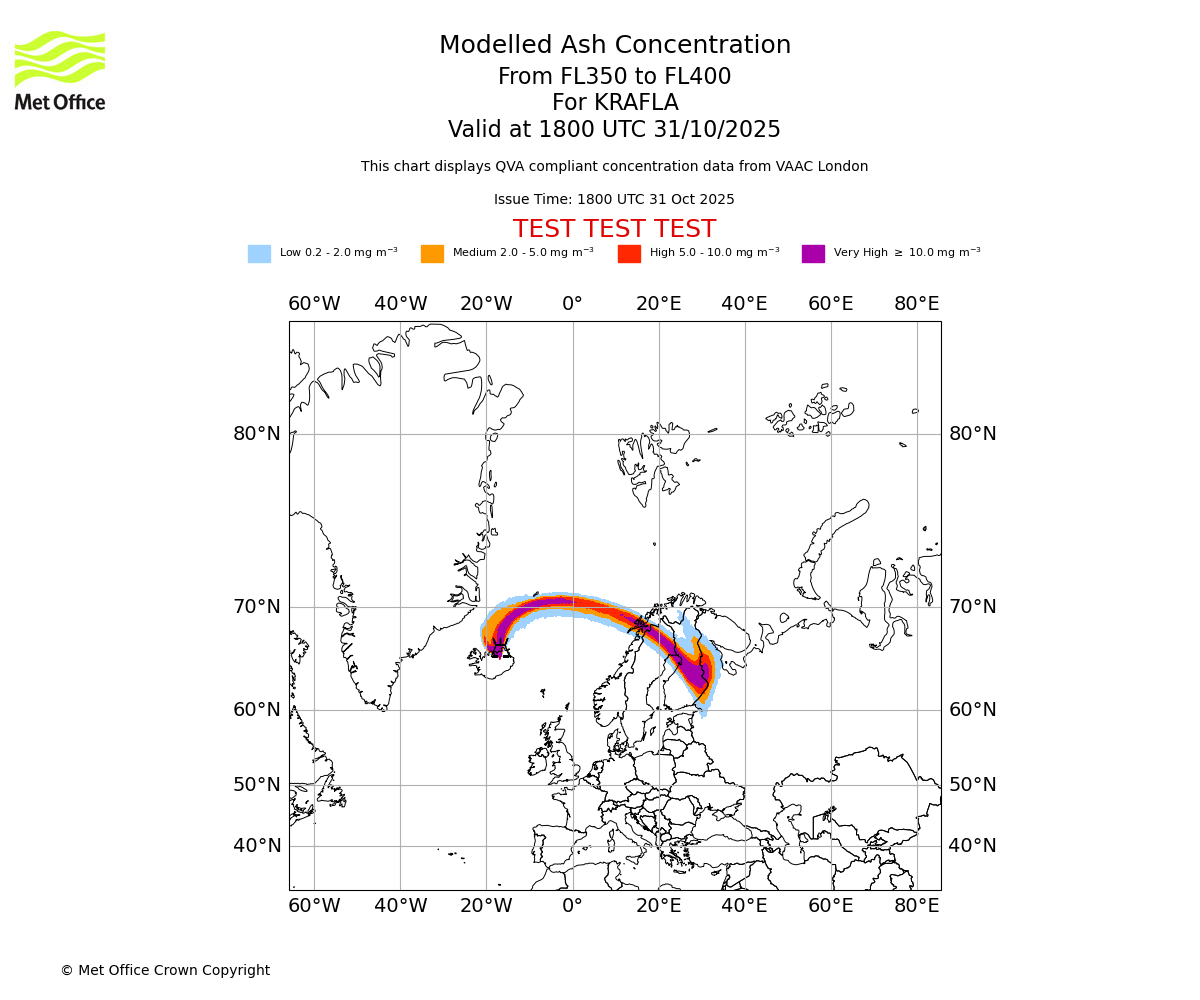 Modelled ash concentration from 350 to 400 for KRAFLA. Valid at 1800 UTC 31/10/2025