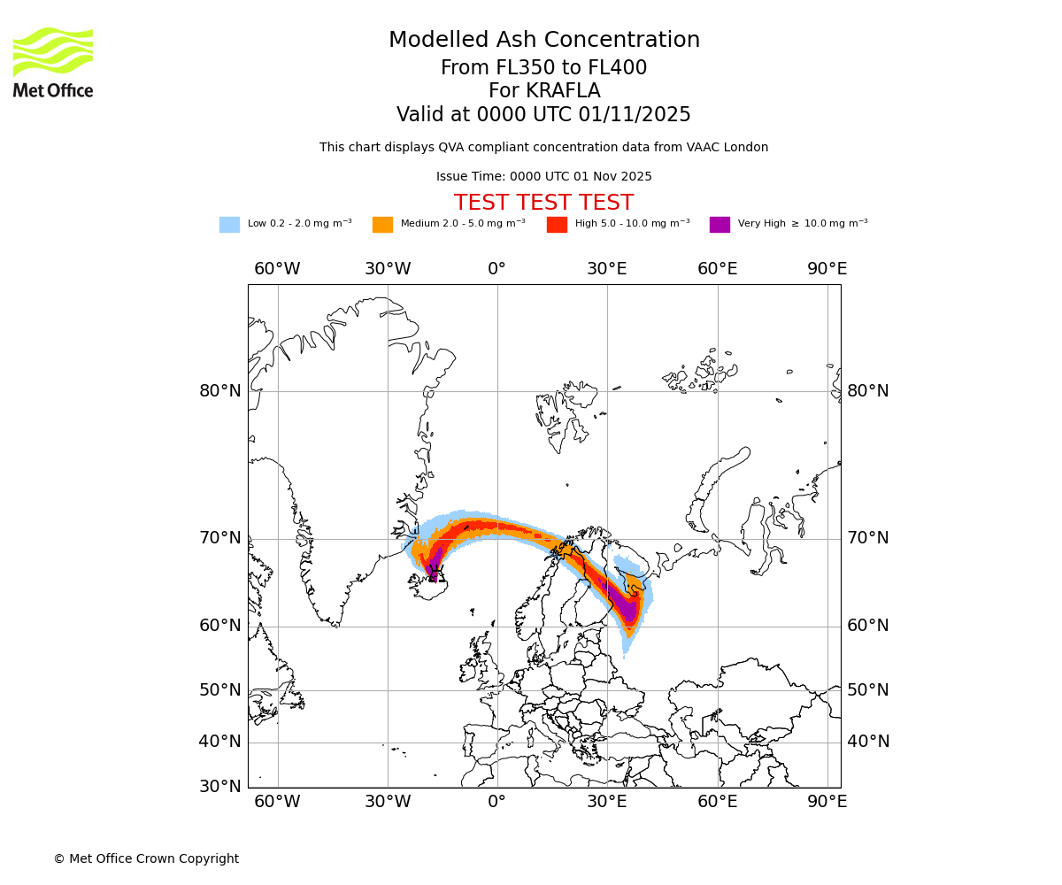 Modelled ash concentration from 350 to 400 for KRAFLA. Valid at 0000 UTC 01/11/2025