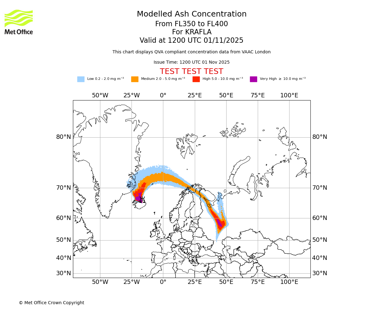 Modelled ash concentration from 350 to 400 for KRAFLA. Valid at 1200 UTC 01/11/2025