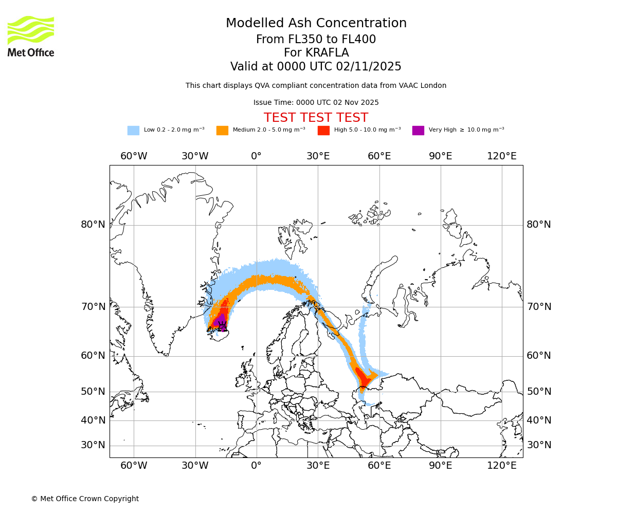 Modelled ash concentration from 350 to 400 for KRAFLA. Valid at 0000 UTC 02/11/2025