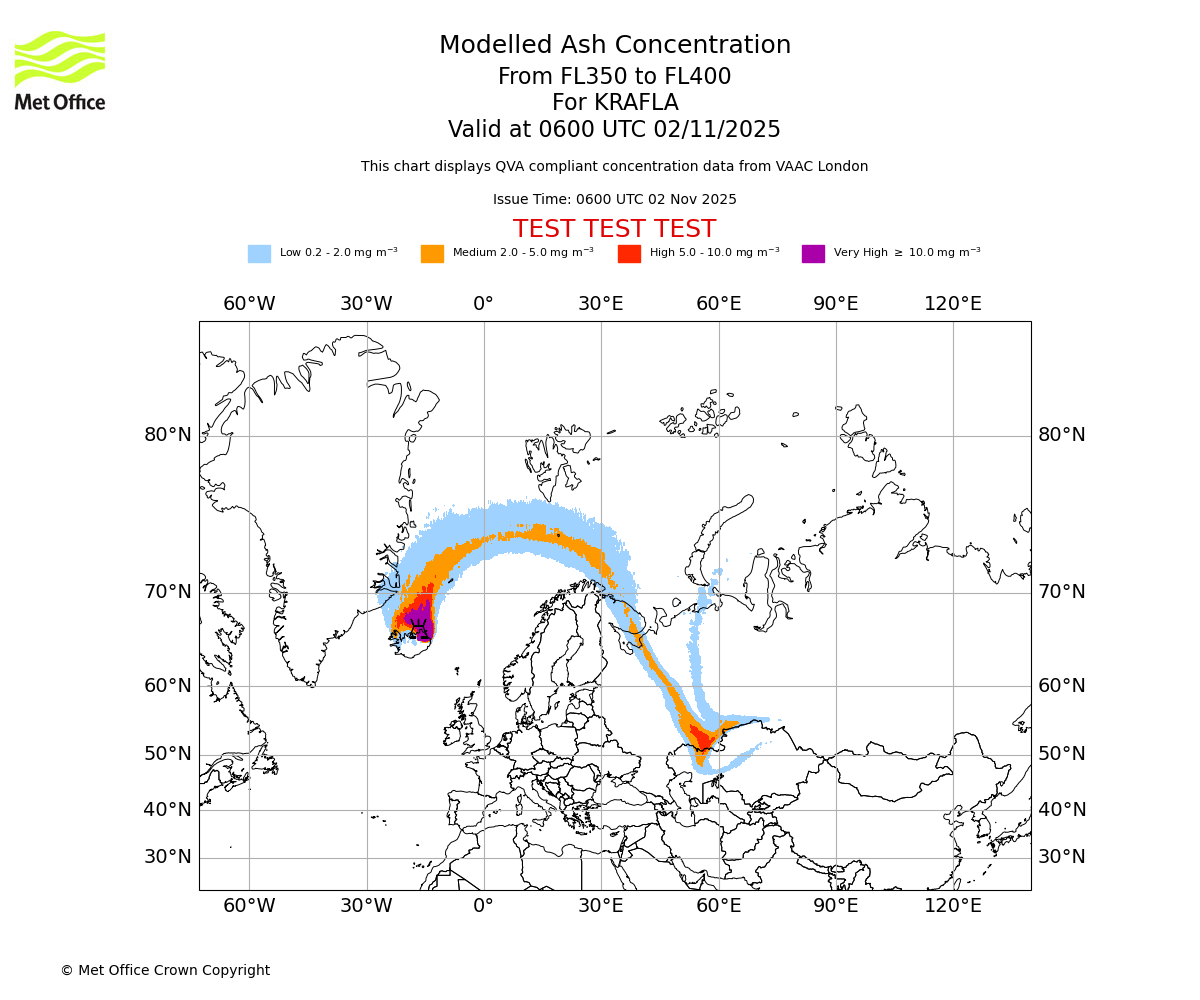 Modelled ash concentration from 350 to 400 for KRAFLA. Valid at 0600 UTC 02/11/2025