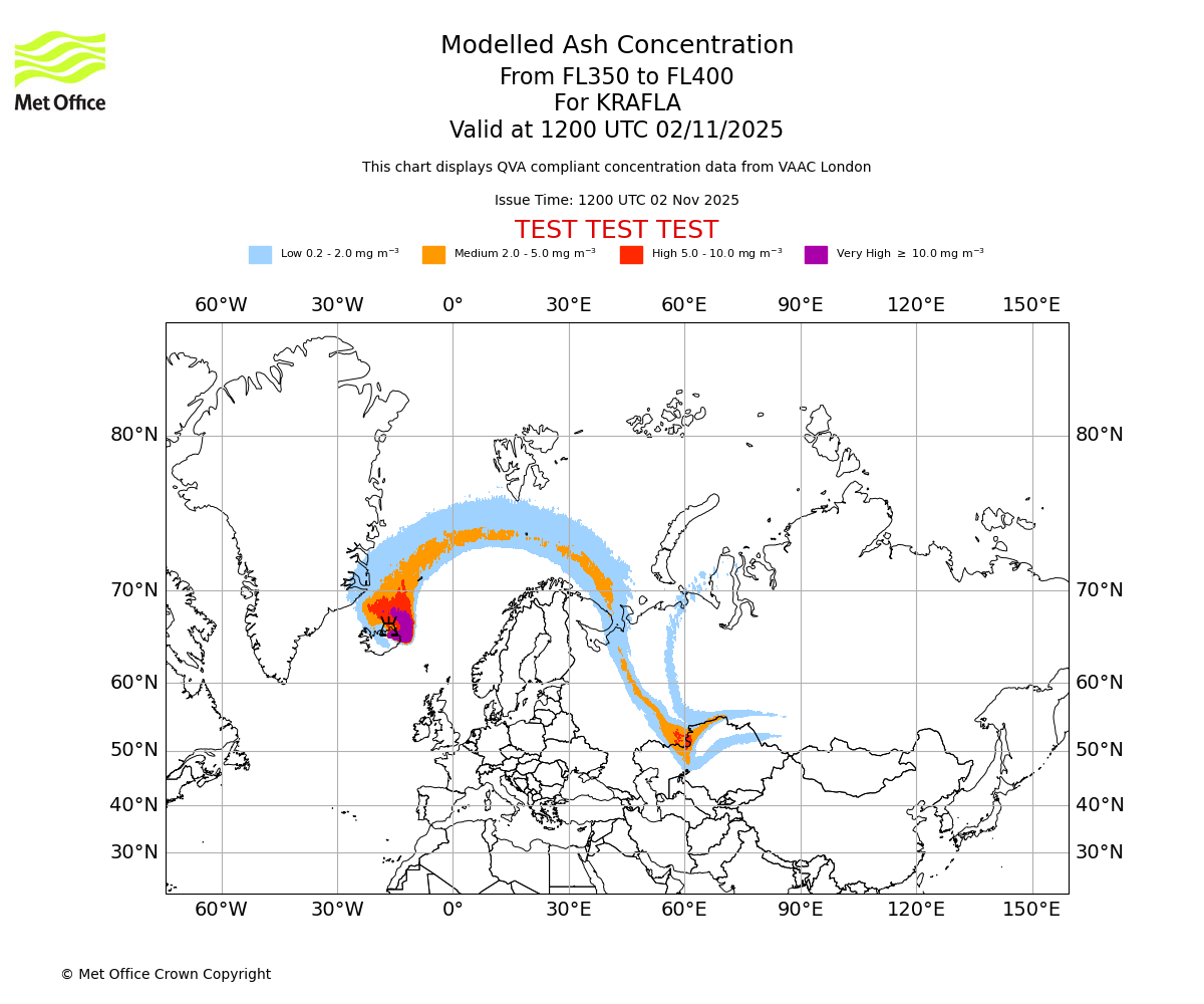 Modelled ash concentration from 350 to 400 for KRAFLA. Valid at 1200 UTC 02/11/2025