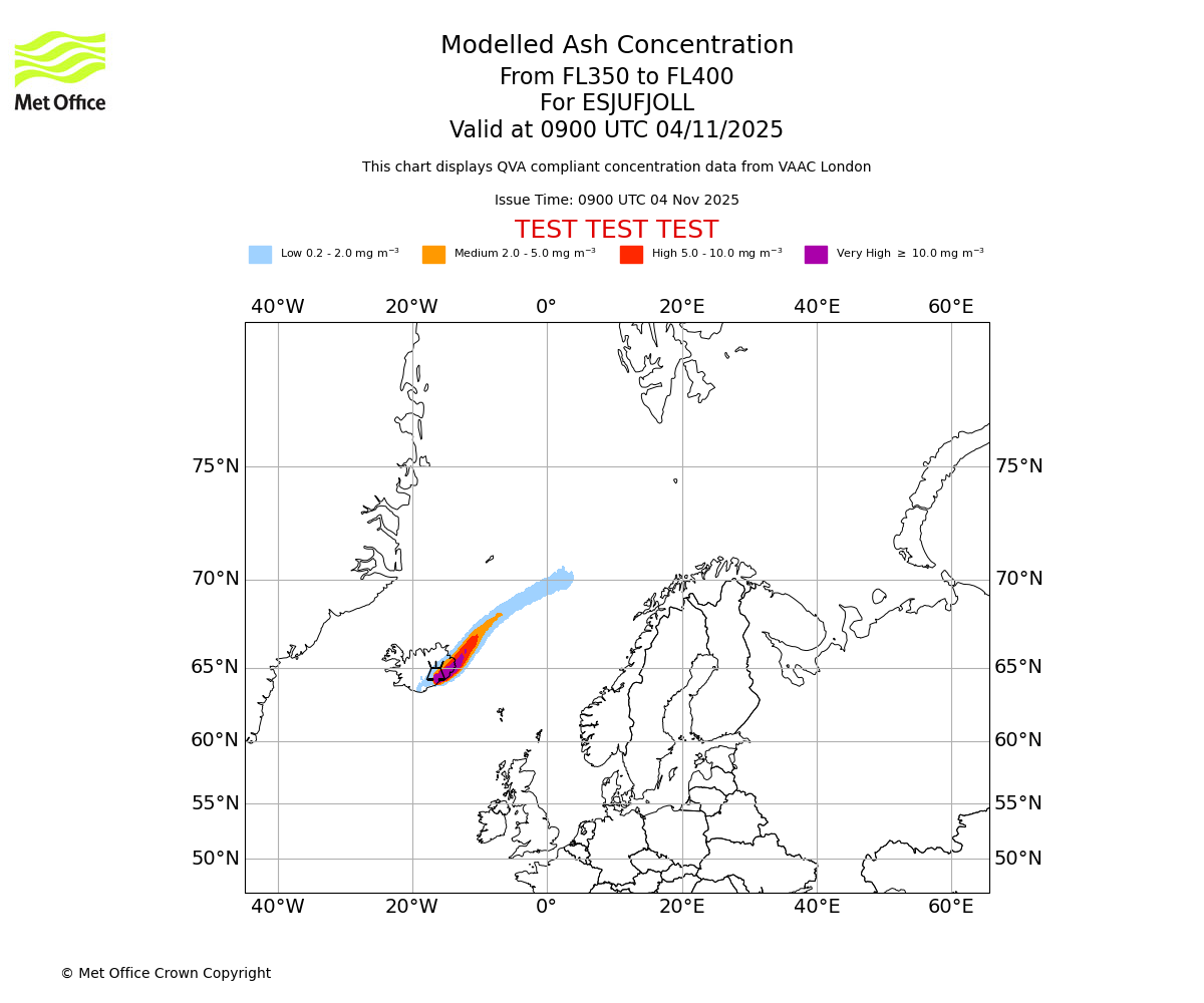 Modelled ash concentration from 350 to 400 for ESJUFJOLL. Valid at 0900 UTC 04/11/2025
