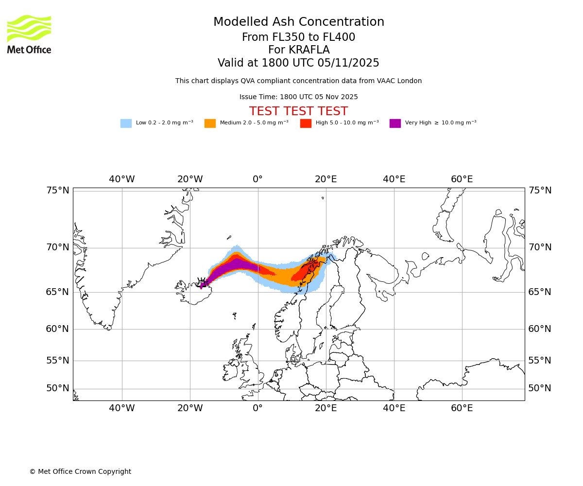 Modelled ash concentration from 350 to 400 for KRAFLA. Valid at 1800 UTC 05/11/2025