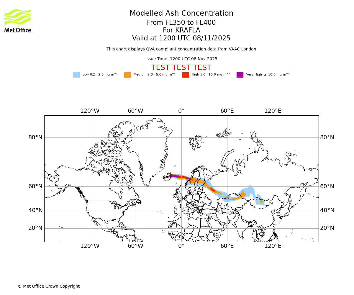 Modelled ash concentration from 350 to 400 for KRAFLA. Valid at 1200 UTC 08/11/2025