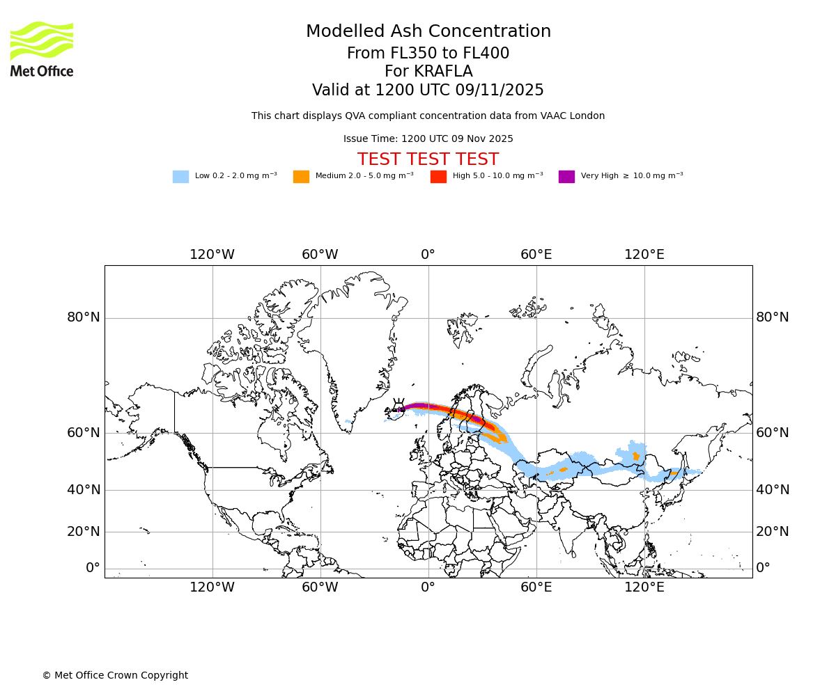 Modelled ash concentration from 350 to 400 for KRAFLA. Valid at 1200 UTC 09/11/2025