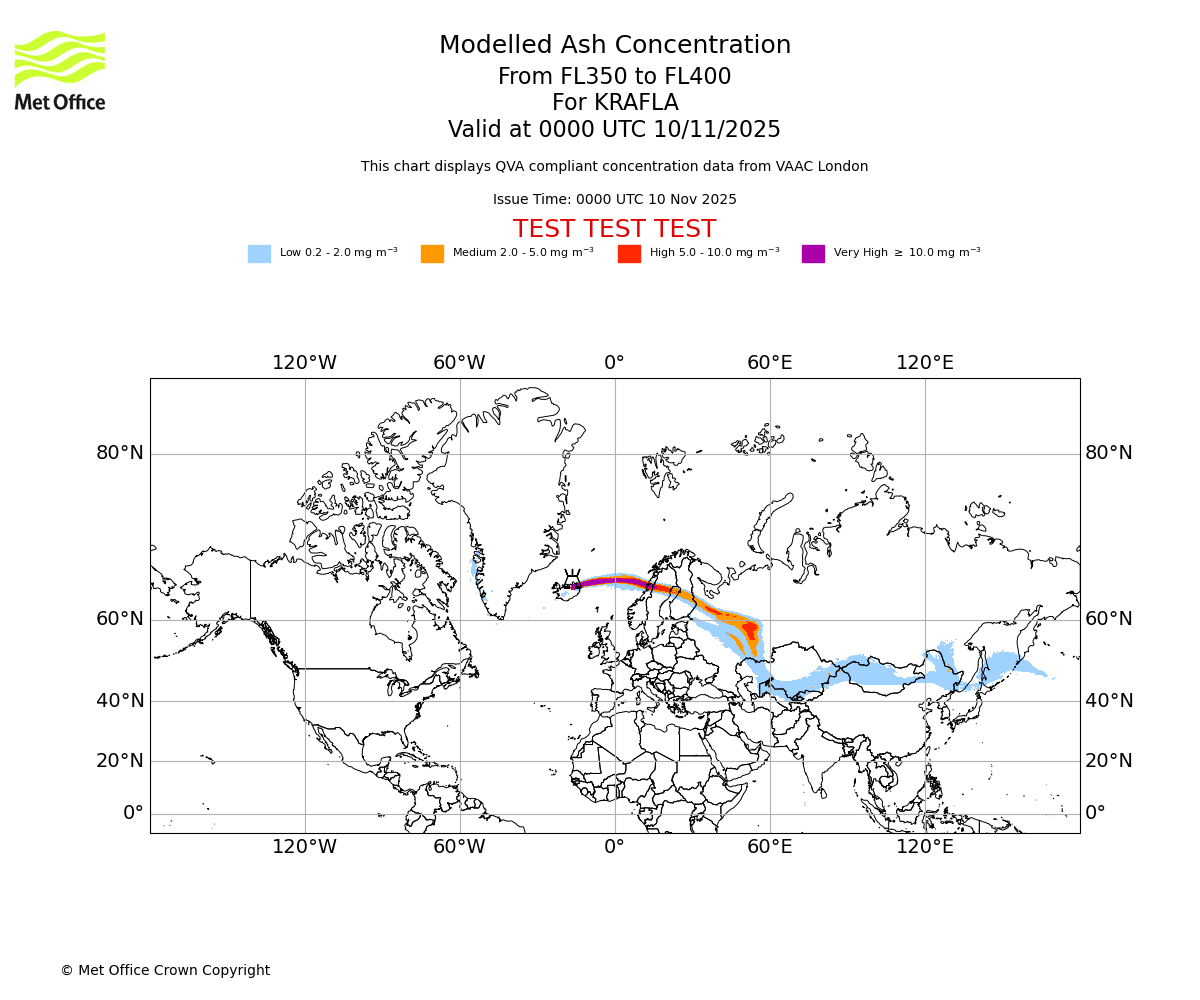 Modelled ash concentration from 350 to 400 for KRAFLA. Valid at 0000 UTC 10/11/2025