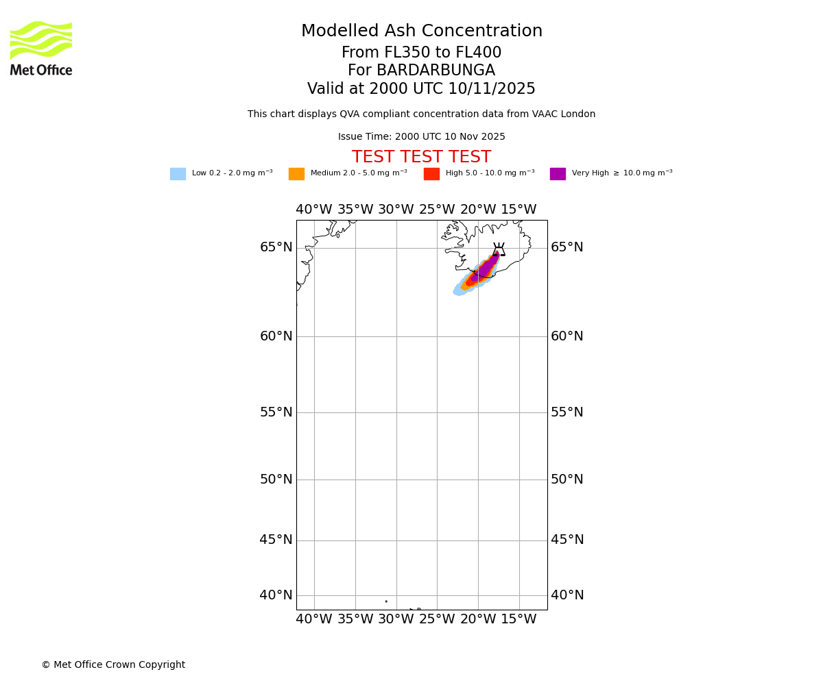 Modelled ash concentration from 350 to 400 for BARDARBUNGA. Valid at 2000 UTC 10/11/2025