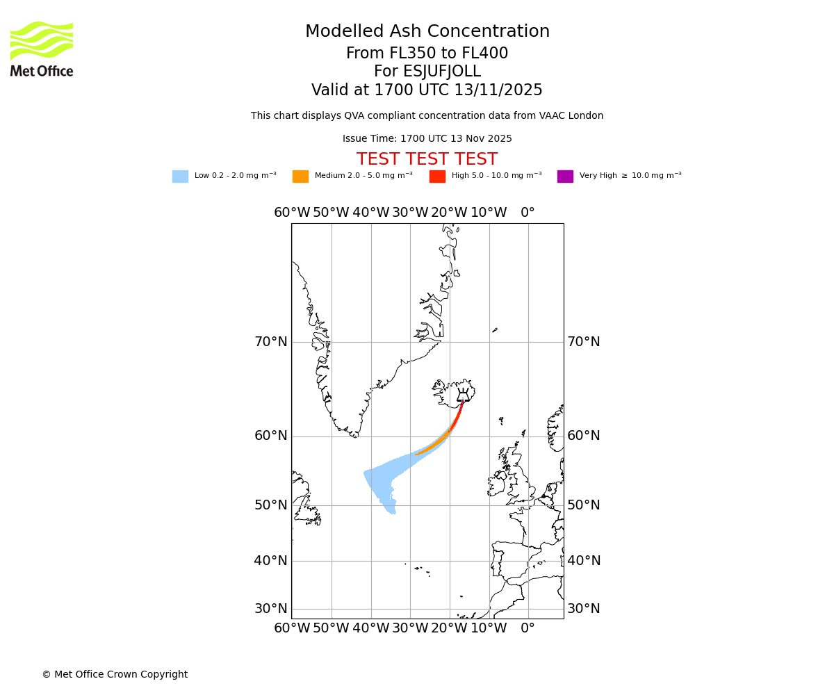 Modelled ash concentration from 350 to 400 for ESJUFJOLL. Valid at 1700 UTC 13/11/2025