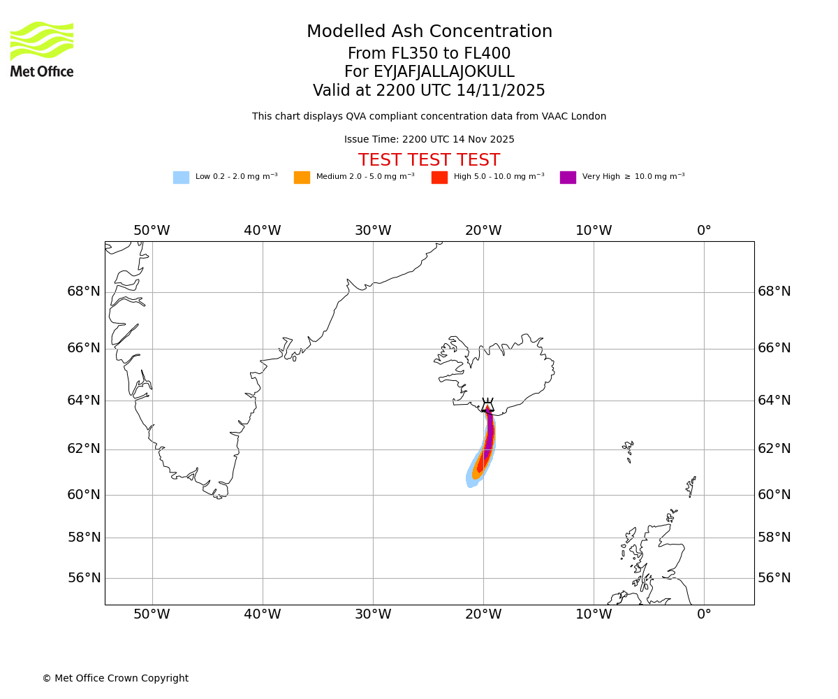 Modelled ash concentration from 350 to 400 for EYJAFJALLAJOKULL. Valid at 2200 UTC 14/11/2025